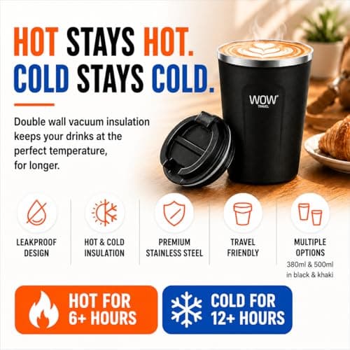 wowtravel Insulated Travel Mug Stainless Steel Coffee Cup Leakproof Vacuum Flask Hot and Cold Drinks 380ml 500ml Reusable Cup with Lid Fits Car Cup Holder Black Khaki (Black, 380ml) — view 2