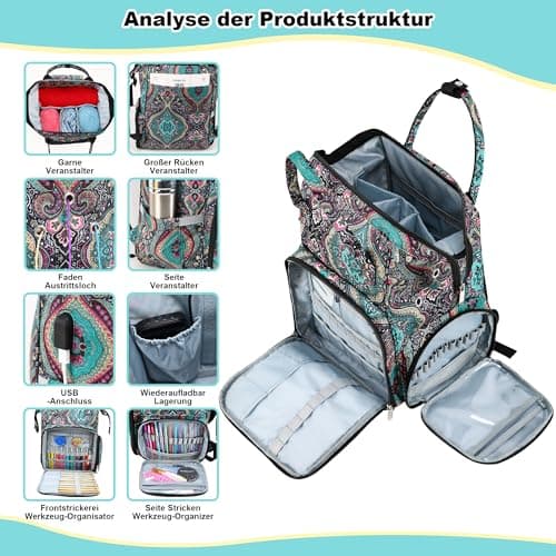 JOZEA Knitting Bag Backpack with USB Charging Port, Large Craft Organiser Bag for Knitting Accessories, Wool Storage for Crochet Projects, 2-Way Travel Bags and Totes(Paisley) — view 2