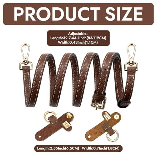 1 Set Cognac Brown Slim Crossbody Bag Strap Replacement Adjustable Handbag Shoulder Sling 120cm Length PU Faux Leather with Gold-Tone Hardware No-Punch Conversion Clasps for Adults DIY — view 2