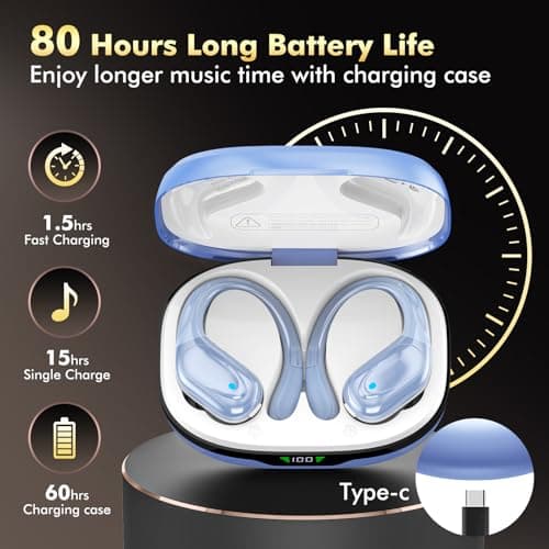 HAOYUYAN Wireless Earbuds, Sports Bluetooth Headphones, 80Hrs Playtime Ear Buds with LED Power Display, Noise Canceling Headset, IPX7 Waterproof Earphones for Workout/Running-Pure violet-blue — view 2
