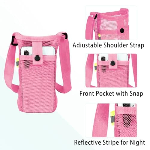 FUZVOL Water Bottle Carrier Water Bottle Holder with Adjustable Shoulder Hand Strap Portable Durable Water Bottle Bag for Adults Kids Walking Hiking Camping Travelling Exercise Pink — view 3