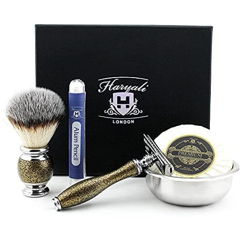 Haryali London, 4Pcs Wet Shaving Set | Antique Gold Shave Kit with Synthetic Silver Tip Shaving Brush, DE Safety Razor, Stainless Steel Bowl and Soap | Shaving Accessories Set for Men Grooming