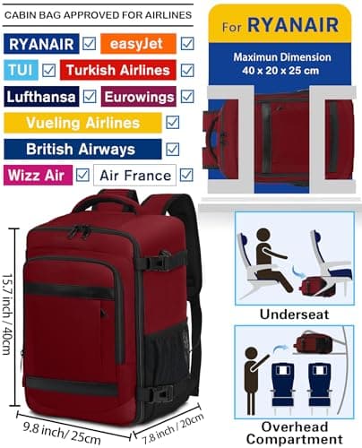 KLOSTAIN Cabin Bags 40x20x25 for Ryanair Underseat Travel Backpack Hand Luggage Carry-ons Bag Cabin Size 20L for Airplanes Flight Ruscksack Red — view 2