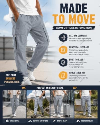 Men's Outdoor Cargo Trousers Zip Pockets Relaxed Fit for Walking Travel — view 4