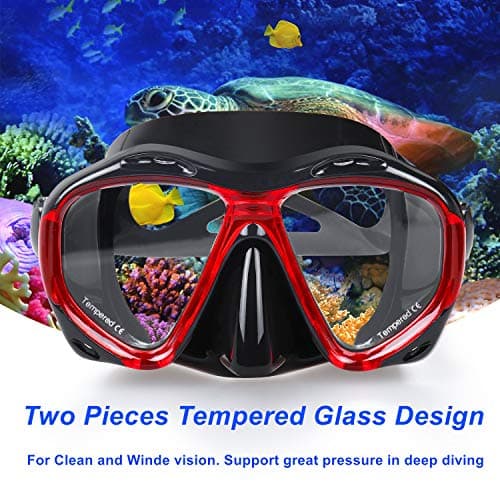Snorkel Diving Mask Panoramic HD Swim Mask, Anti-Fog Scuba Diving Goggles,Tempered Glass Dive Mask Adult Youth Swim Goggles with Nose Cover for Diving, Snorkeling, Swimming (B-Red) — view 2