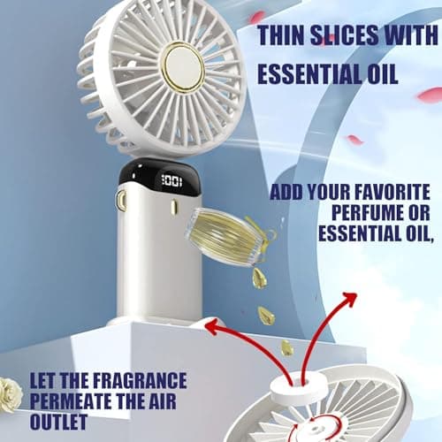 Jsdoin Hand Held Fan,Portable Handheld USB Rechargeable Fans with 5 Speeds,Battery Operated Mini Fan Foldable Desk Desktop Fans with LED Display for Home Office Bedroom Outdoor Travel (White) — view 4