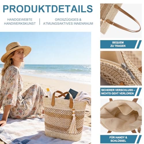 CorkAllin Straw Beach Tote Bag Women - 2026 Handwoven Straw Handbag with Zipper, Summer Purse Perfect for Vacation Travel Pool — view 5