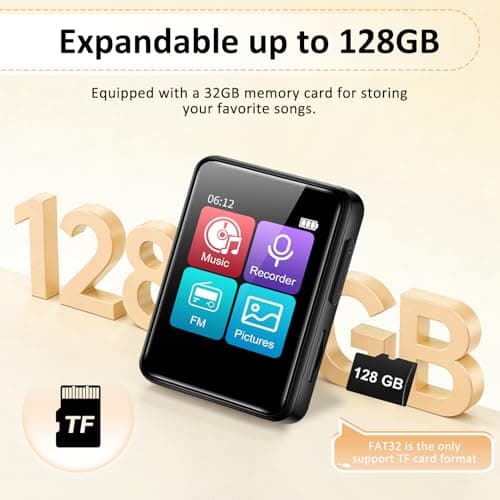 Portable MP3 Player with Bluetooth, 50-Hour Battery, Expandable up to 128GB, Mini Music Player built-in Speakers, Touch Screen, FM Radio, Voice Recorder, Includes 32GB Card, Case & Earphone,Black — view 4