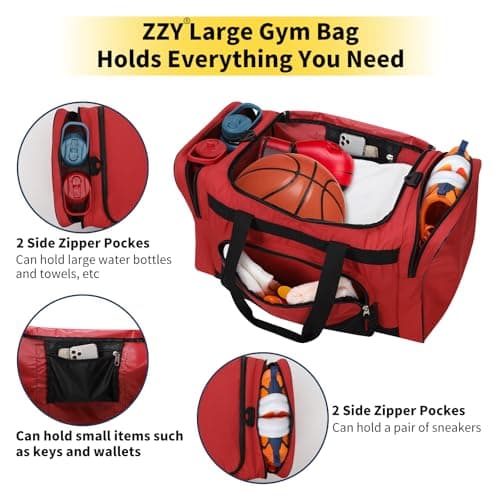 55L Gym Duffle Bag Sports Holdall for Men - 22 inch Multi Pockets Large Holdall Bag for Fitness, Travel, Workout - Red — view 3