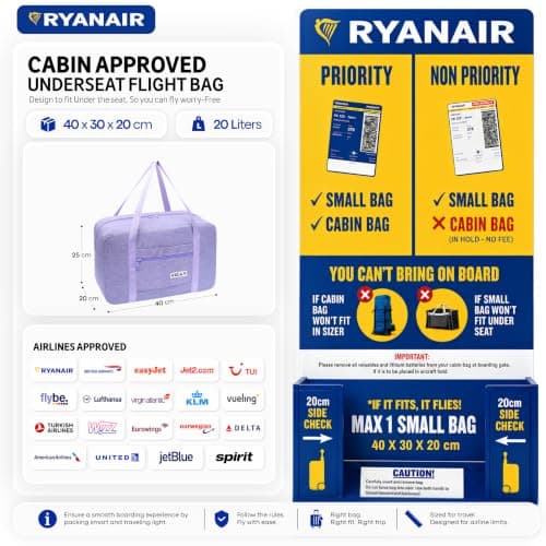BEACH STONE Ryanair Cabin Bags 40x30x20 Duffle Bag Foldable Underseat Bag Lightweight Under Seat Cabin Bag Weekend Trips Hospital Use Gym Essentials Women and Men 20L — view 2