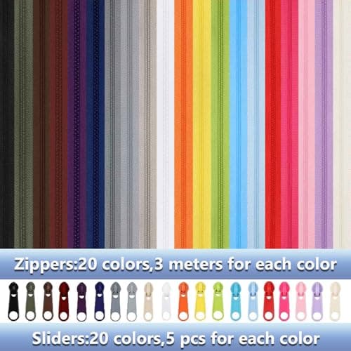 Exquilnova Zips for Sewing,60M 20 Colors Zipper,Sewing Accessories Zip Repair Kit with 100 Sliders,Nylon Invisible Zip for DIY Craft Projects,Skirts,Bags,Cushions,Luggage Accessories(10Dark+10Light) — view 3