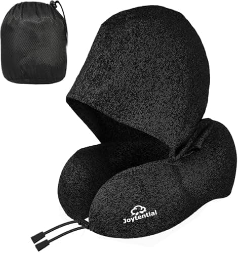 Joytential Travel Pillow with Hood for Airplane Long Flights, Privacy Hooded Plane Pillow with Skin-Friendly Cover, Comfort Memory Foam, Neck Pillows for Office Rest, Road Trip, Car Sleeping (Black)