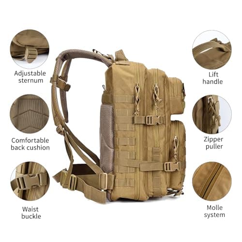 Oreunik 45L Military Tactical Backpack,Molle Army Rucksack Large Tool Backpack for Work Hiking Trekking Camping Hunting Fishing (Khaki) — view 3