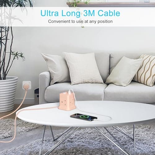 Cube Extension Lead with USB Slots, BEVA 4 Way Multi Plug Power Strip with 3 USB Ports, 3M Desktop Power Extension Socket Extension Cords for Home Dorm Office Travel-Pink — view 3