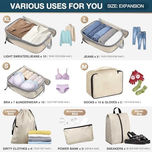 Hommtina Compression Packing Cubes for Suitcases, 7 Set Travel Organizer Cubes for Women/Men (Beige) — view 4