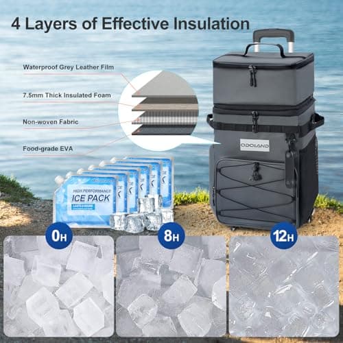 Odoland Cooler Box on Wheels, Leakproof Insulated Soft Rolling Cooler Bag with Stable All Terrain Cart and Handle Collapsible for Camping Beach Fishing Picnic (45L/72Cans Hrey) — view 3