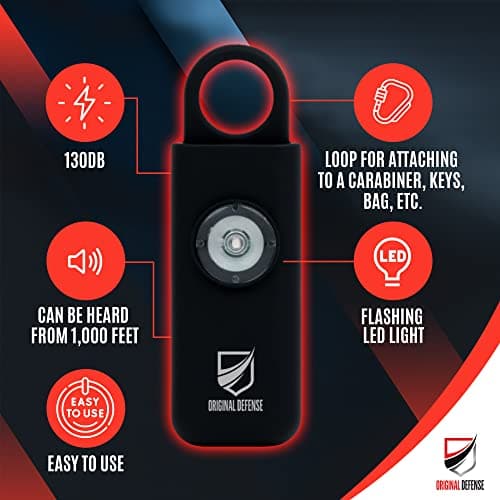 Original Defense® Personal Safety Alarm for Women, Children, & Elderly - Recommended by Police - 125 dB Loud Personal Alarm Siren with LED Strobe Light (Black) — view 2