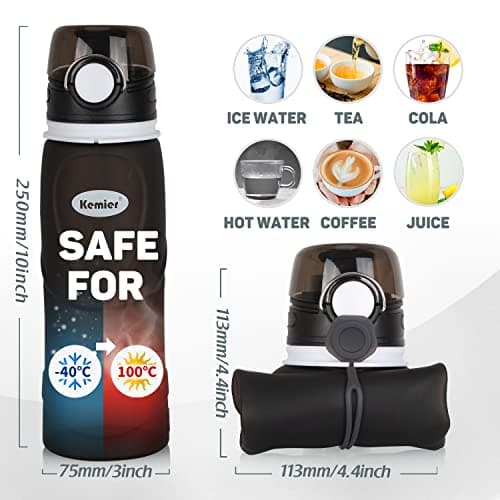Kemier Collapsible Foldable Water Bottle for Travel, Gym, Hiking - Silicone Leakproof Sports Outdoor Bottle with Carabiner, 750ML/26OZ (Black) — view 5