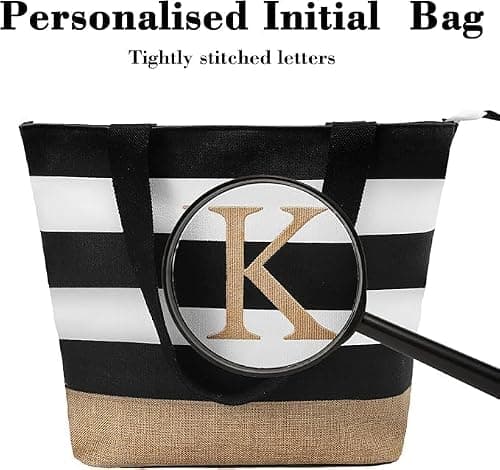 TAHAVICE Personalised Canvas Tote Bag for Women with Embroidered Initial, Large 25L Travel and Beach Bag with Zipper and Inner Pocket, Birthday Gift for Mum, Teacher, Friend — view 6