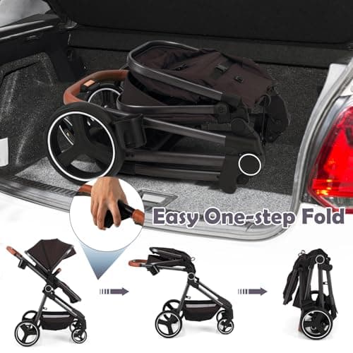 COSTWAY Baby Pushchair, Foldable Travel System Pram with Reversible Seat, Adjustable Canopy & Backrest, Storage Basket, Cup Holder, Aluminum Structure Stroller for 0-36 Months (Black) — view 5