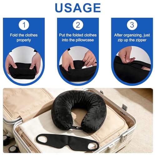 Binmiza Stuffable Neck Pillow for Travel, Travel Neck Pillows with Adjustable Strap & Sleep Mask, Fillable Travel Pillow with Clothes for Airplane Train Camping (Black) — view 4