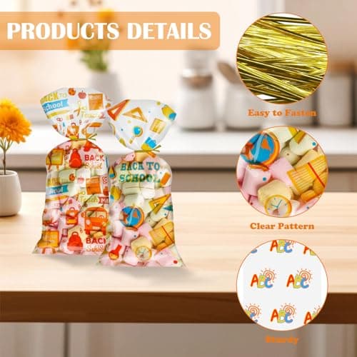 100Pcs Back to School Goodie Bags Candy Treat Bags Clear Bulk with Gold Twist Tie Back to School Party Favor Decorations for Cookie Candy Packing Supplies — view 3