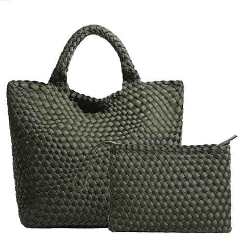 JINMANXUE Woven Hobo Bag For Women Neoprene Tote Bag Large Capacity Handbag Patchwork Handmade Casual Shoulder Bags, Green, L