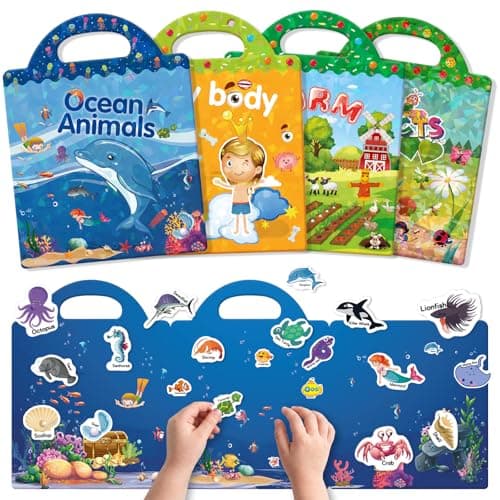 GUYUCOM 4 Pack Reusable Sticker Books Toddlers, Upgraded Jelly Texture, Travel Toys for Aged 3 4+ Kids Boys Girls Ocean Body Insect Farm