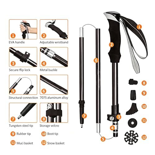 Trekking Poles, Collapsible Walking Poles for Men Women, Adjustable Lightweight Walking sticks for Trekking, Camping, Backpacking, Hiking (Black-Single Pole) — view 4
