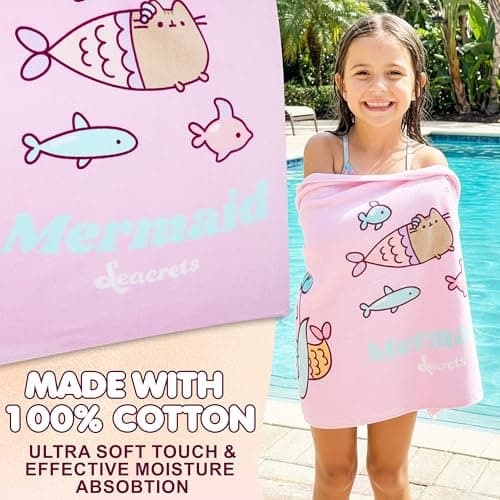Get Trend Pusheen Beach Towel for Girls, 100% Cotton Bath Towel for Kids & Teens, Soft & Absorbent with Mermaid-Themed Design, Travel, Swimming Pool, Home & Holiday Essentials — view 3