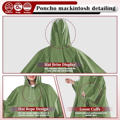 LEEPAT Waterproof Rain Poncho Adult Lightweight Reusable Hiking Rain Coat Jacket with Hood for Outdoor Hiking Camping Cycling Traveling (Green) — view 5