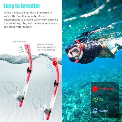 HINATAA Dry Snorkel Set, Multi-Colors 180° Wide View Anti-Fog Diving Goggle and Silicone Anti-Leak Dry Snorkel Tube, Profession Snorkeling Gear, Easy Breath Snorkel Mask for Adult and Teenagers (Red) — view 3