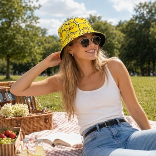 WHJYCC Rubber Duck Print Reversible Bucket Hat UPF50+ Sun Protection - Wide Brim Foldable Summer Hat, Lightweight Breathable Cotton Blend Fisherman for Women and Men, Beach Travel Festival — view 5