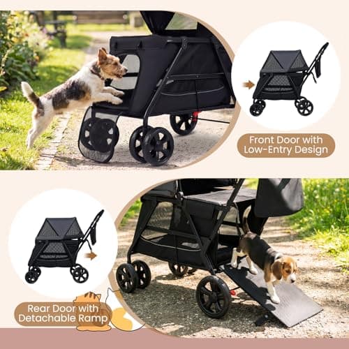 Maxmass Pet Stroller, Travel Dog Buggy with Adjustable Canopy, Safety Belt, Dual Entry and Ramp, Foldable Puppy Pushchair for Small Medium Dogs Cats — view 6