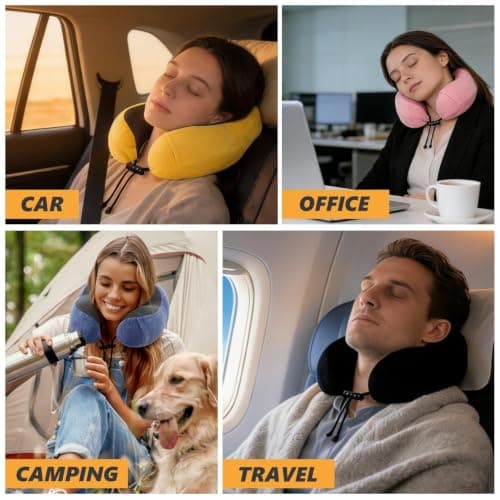 Memory Foam Comfort Travel Pillow for Airplane & Car，Adjustable Neck Pillow, Neck and Head Support Cushion with Ear Plugs, Eye Mask, Carry Bag, Compact Travel Essentials Gift for Adults (Black) — view 6