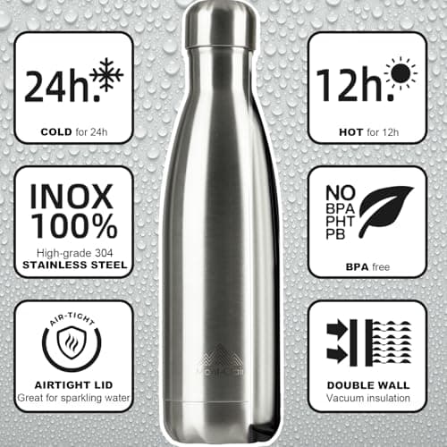 Mont-Clair H2O Stainless Steel Water Bottle, Vacuum Insulated - BPA Free, 12h Hot & 24h Cold Drinks, Metal Water Bottle 500ML Leakproof, Ideal for Adult, Kids, Running - Silver — view 2