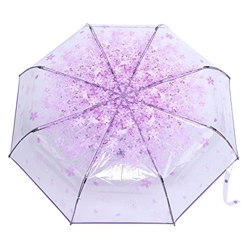 ZAWELIYO Transparent Folding Umbrella with Cherry Blossom Print, Compact Manual Open Rain Umbrella for Women Girls, Lightweight Windproof (Light Purple)