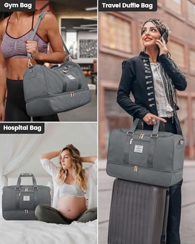 LOVEVOOK Travel Gym Bag for Women - Waterproof Overnight Holdall Duffel with Toiletry & Shoe Compartments, Wet Pocket, Cabin Flight Bag for Sports Trips, Grey — view 6