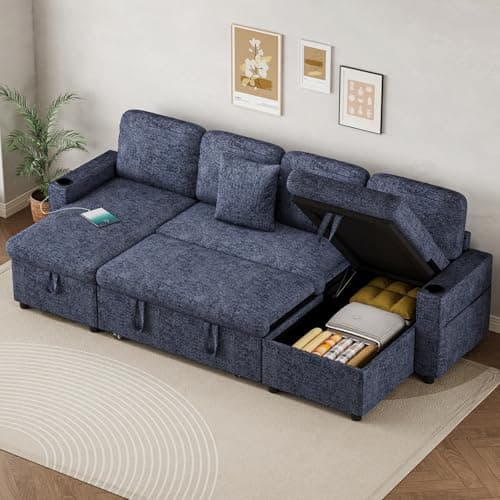 Corner Sofa Bed, Convertible U-Shaped Sofa with Double Storage Chaise, USB & Type-C Ports, 4 Seater Pull Out Sofa Couch Bed with 2 Cup Holders and 2 Pillows for Living Room, Chenille Blue