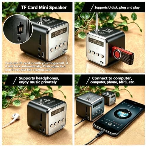 Mini Radio Bluetooth Speaker, Portable FM Radio, Outdoor Wireless Mini Speaker, Music Speaker, MP3 Player, Sound Station, USB, Line-In, Micro SD TF (Black) — view 4