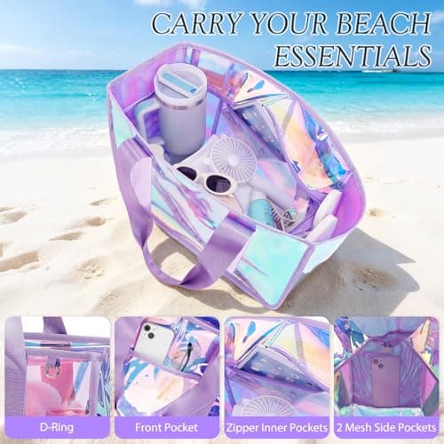 Fammart Iridescent Clear Beach Bags Waterproof Sandproof for Women, Large Jelly Tote Zipper Pool Bag Cruise Essentials 2026, Large - Iridesent Purple, L, Fashion — view 6