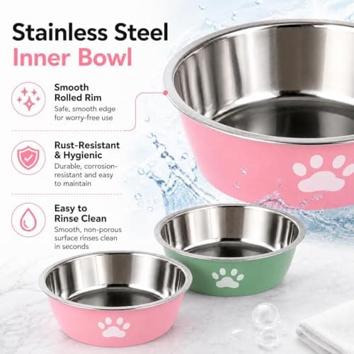 Dog Bowls 2 Pack, 450ml Stainless Steel Dog Food and Water Bowls with Non Slip Rubber Base, Small Dog Bowl Set for Puppies, Cats and Small Pets, Easy to Clean, Pink and Green — view 3