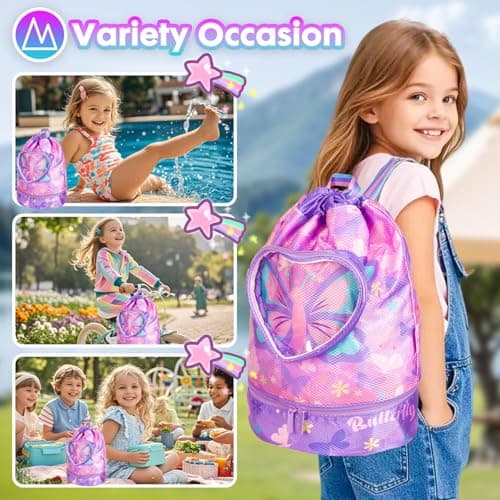 PinkSheep Swimming Bag for Kids, Gym Drawstring Backpack for Girls Boys - Waterproof Beach Bags with Shoes Compartment and Wet Proof Pocket for Swimming Pool Beach Travel School (Butterfly) — view 6