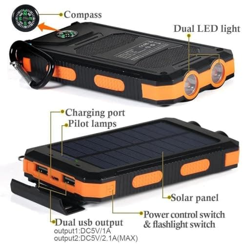 20000mAh Solar Power Bank Portable Fast Charging Dual USB External Battery Pack Waterproof LED Light Compass Outdoor Camping Emergency Phone Charger Backup Power Bank — view 5