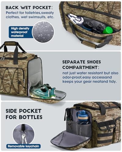 RAINSMORE Sports Gym Bag for Men Women, 45L Large Duffel Bag with Shoe Compartment and Wet Pocket, Water Resistant, 3-in-1 Travel Holdall Weekender Khaki Camo — view 4