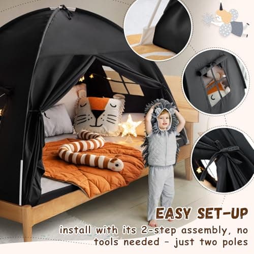 Full Size Bed Canopy Bed Tents Dream Tent on Bed Privacy Space Blackout Sleeping Tents Indoor Breathable Portable Cottage Drafty Room Floor Bed Tents (Large Black) — view 5