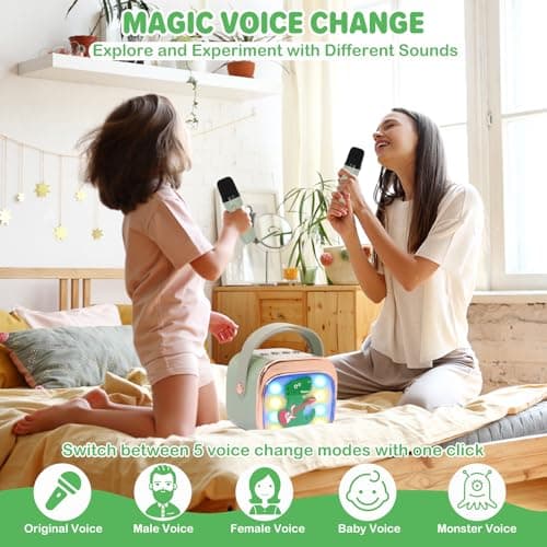 Mini Karaoke Machine Toys for Kids with 2 Wireless Microphones,Portable Bluetooth Speaker with Voice Changing Effects & LED Lights,Eliminate Original Sound,Gifts For Girls Boys Toddlers,Green — view 2