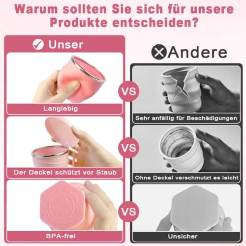 Pack of 3 Foldable Silicone Travel Cups with Lid, 260 ml Camping Cup, Foldable, BPA-Free, 304 Stainless Steel Rim, Portable and Reusable Cups for Travel, Camping, Hiking, Outdoor Sports — view 2
