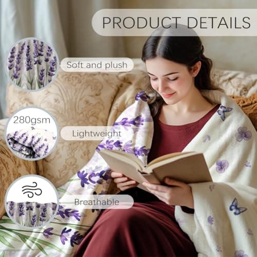 GLOBLELAND Lavender Butterfly Throw 59×51 inch Flowers Soft Cozy Flannel Blanket Washable Fuzzy Throw Blanket for Home Office Room Bed Sofa Chair Women Man — view 3