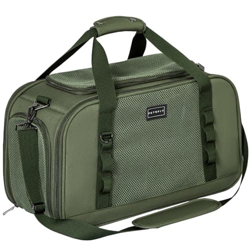 Petsfit Airline Approved Cat Travel Carrier – Portable Foldable Soft Pet Bag for Small Dogs & Cats, Ventilated, Shoulder Strap Included, Car & Plane Friendly, Olive Green, 49×23×28cm